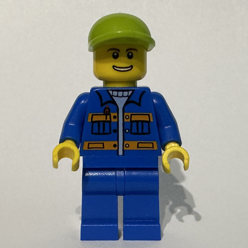 LEGO Worker, Blue Shirt with Orange Stripes and Pockets, Lime Cap (fig-000313)