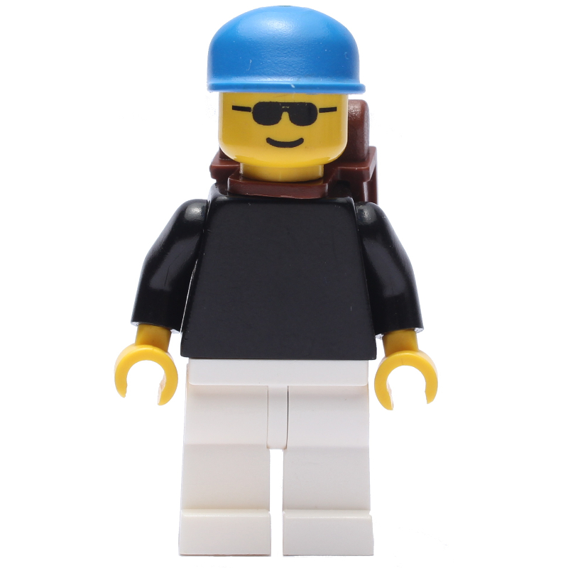 LEGO Man, Black Torso, White Legs, Blue Cap, Backpack, Sunglasses (fig-000314)