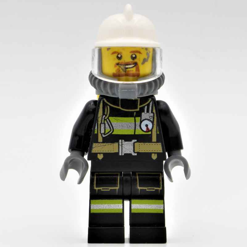 LEGO Ed, Black Fire Suit with Gauge and Straps, White Helmet, Breathing Apparatus, Airtanks, Goatee Beard (fig-000334)