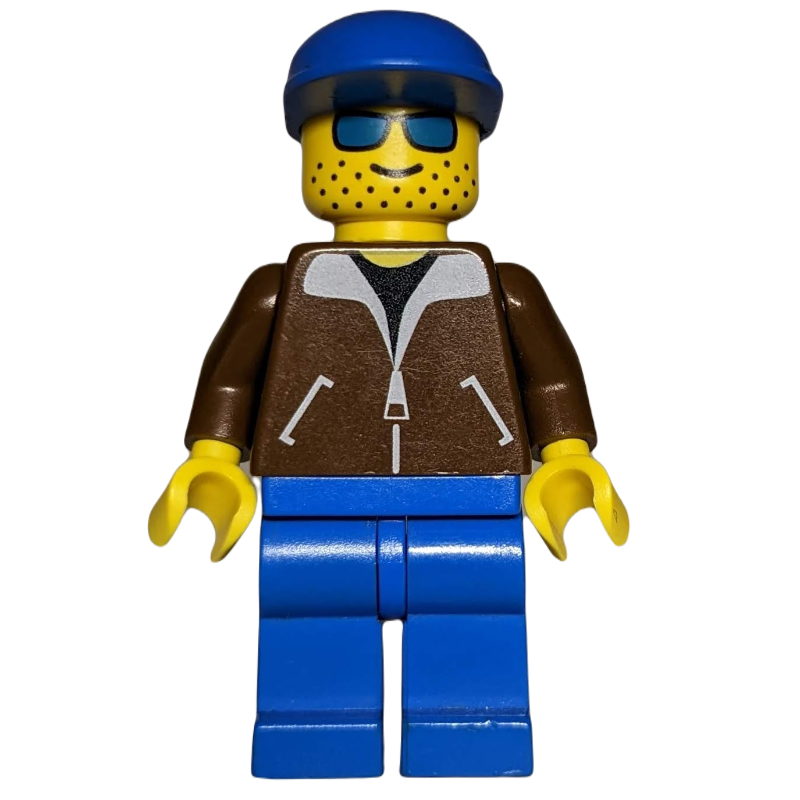 LEGO Man, Brown Jacket, Blue Legs, Blue Cap, Blue Sunglasses (fig-000335)
