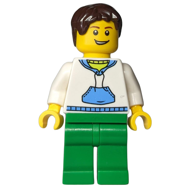 LEGO Man, White and Blue Hoodie, Green Legs, Dark Brown Hair (fig-000343)