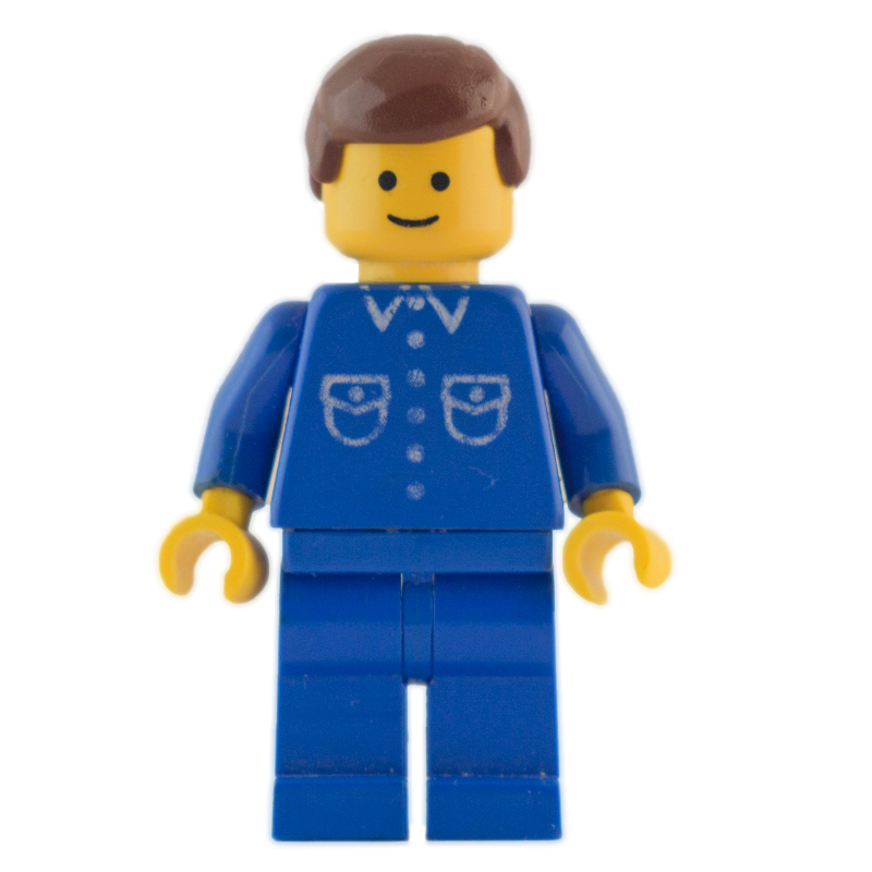 LEGO Man, Blue Shirt with Buttons and Pockets, Blue Legs, Brown Hair (fig-000344)