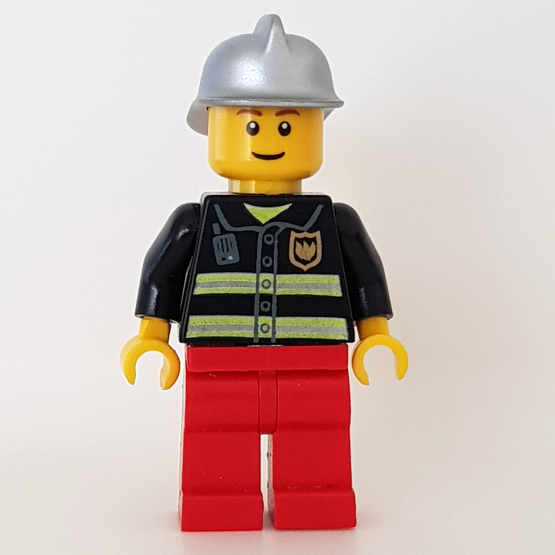 LEGO Fireman, Black Fire Jacket with Reflective Stripes, Radio, and Badge, Red Legs, Silver Helmet (fig-000346)