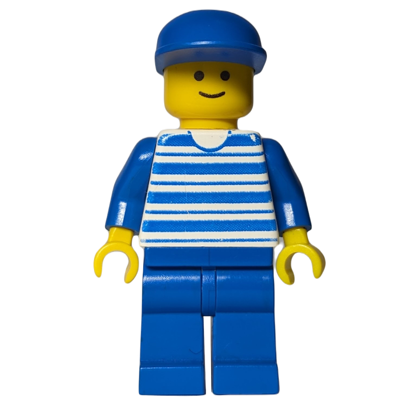 LEGO Man, White and Blue Striped Shirt, Blue Legs, Blue Cap (fig-000348)
