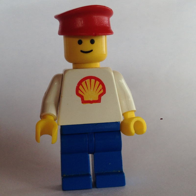 LEGO Man, White Torso with Shell Logo, Blue Legs, Red Hat (fig-000352)