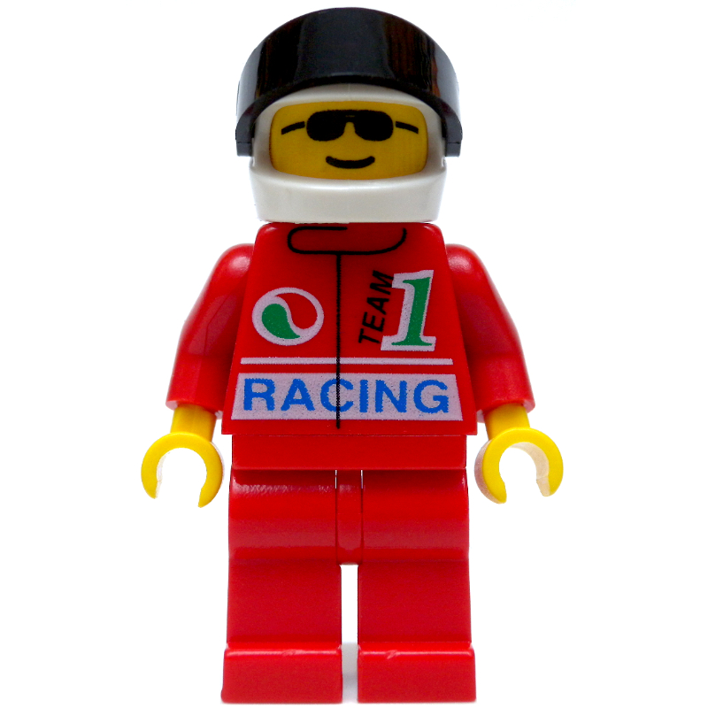 LEGO Racer, Red Jacket with Octan Logo and 'RACING', Red Legs, White Helmet with Black Visor, Sunglasses (fig-000358)