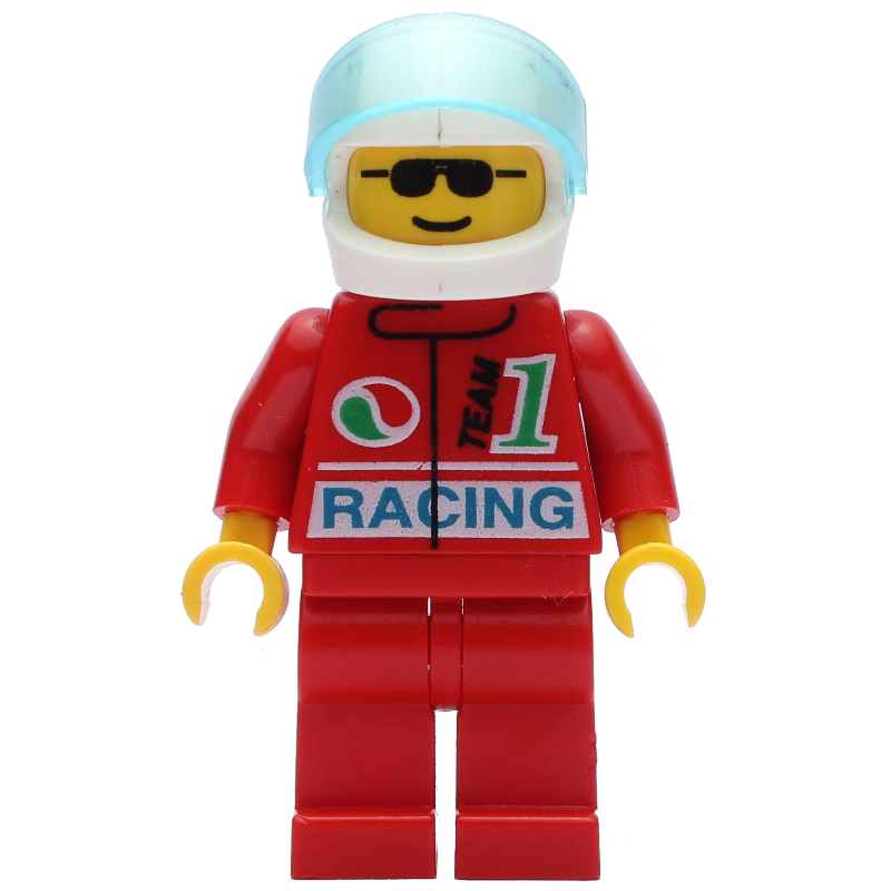 LEGO Racer, Red Jacket with Octan Logo and 'RACING', Red Legs, White Helmet with Trans-Light Blue Visor, Sunglasses (fig-000360)