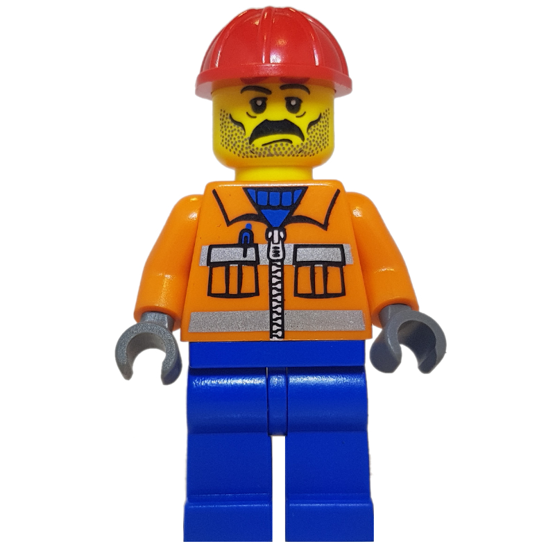 LEGO Construction Worker, Orange Jacket with Zipper and Reflective Stripes, Blue Legs, Red Hard Hat, Moustache and Stubble (fig-000365)
