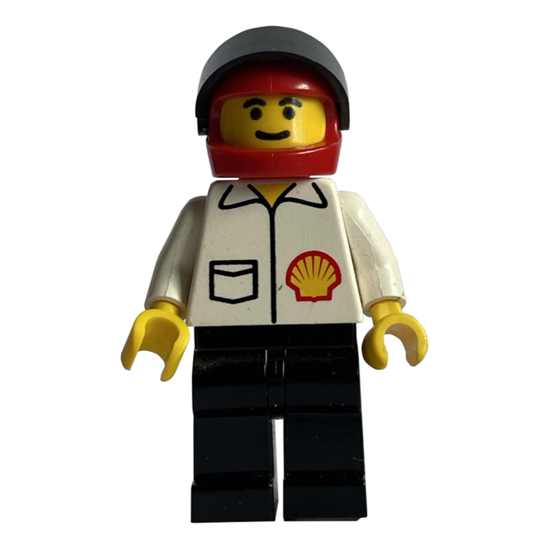 LEGO Racer, White Shirt with Shell Logo, Black Legs, Red Helmet with Visor (fig-000367)