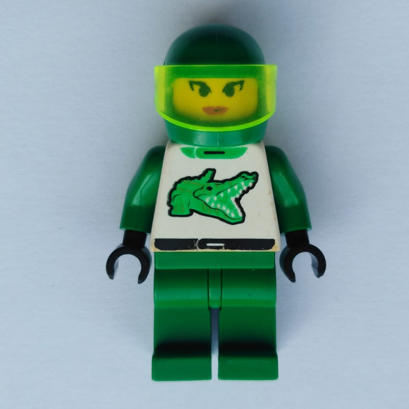 LEGO Racer, Woman, Green and White Outfit with Crocodile, Green Helmet with Visor (fig-000370)