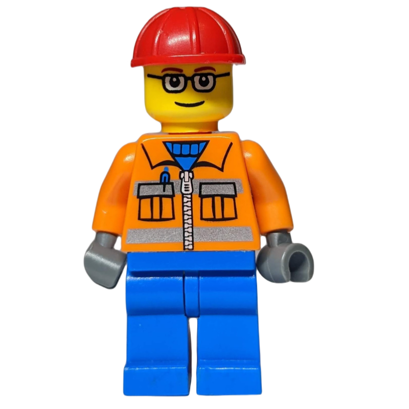 LEGO Construction Worker, Orange Jacket with Zipper and Reflective Stripes, Blue Legs, Red Hard Hat, Glasses (fig-000375)