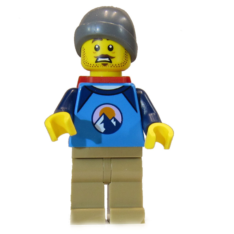 LEGO Man, Dark Azure Shirt, Dark Tan Legs, Dark Bluish Gray Hat, Red Backpack (fig-000380)