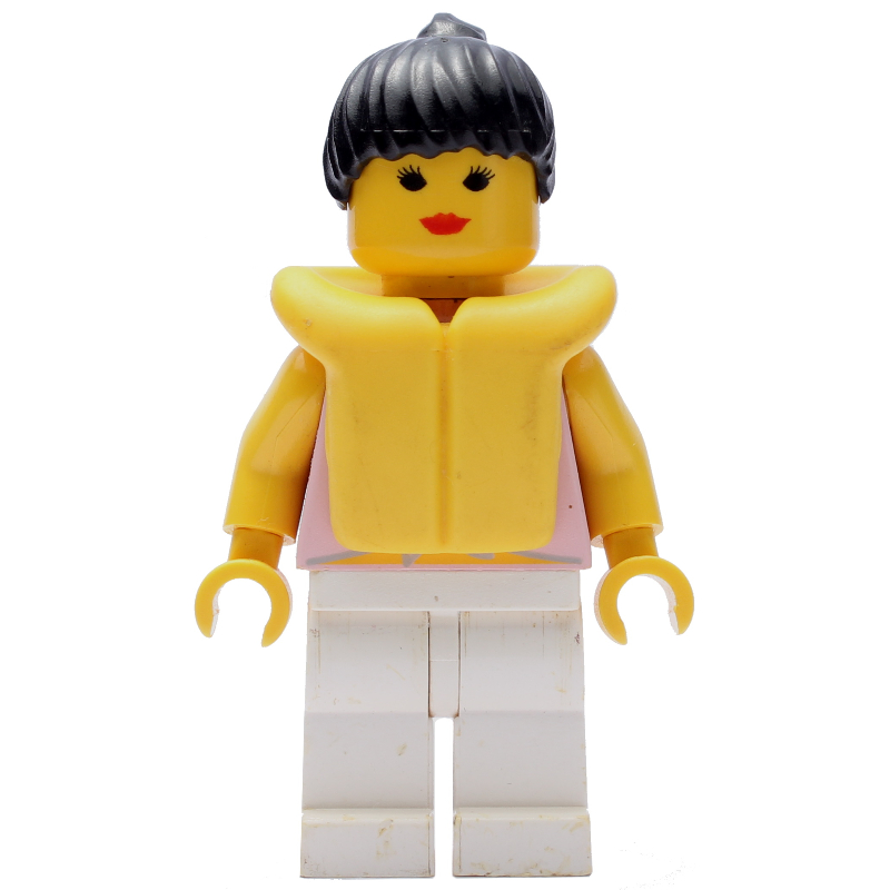 LEGO Woman, Tied Pink Tank Top with Flowers, White Legs, Black Hair, Yellow Life Vest (fig-000395)