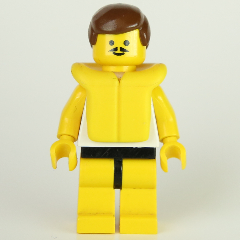 LEGO Man, White Tank Top with Windsurfer, Yellow Legs, Brown Hair, Yellow Life Vest, Moustache (fig-000398)