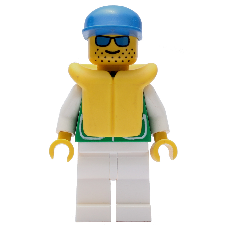 LEGO Man, Green Jacket, White Legs, Blue Cap, Yellow Life Vest, Blue Sunglasses (fig-000399)