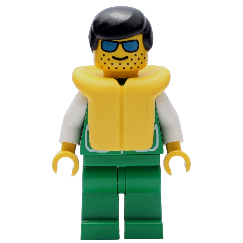 LEGO Man, Green Jacket, Green Legs, Black Hair, Yellow Life Vest, Sunglasses (fig-000409)