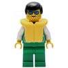 Man, Green Jacket, Green Legs, Black Hair, Yellow Life Vest, Sunglasses