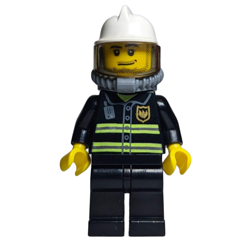 LEGO Fireman, Black Fire Jacket with Reflective Stripes, Radio, and Badge, White Helmet, Breathing Apparatus, Airtanks, Stubble (fig-000413)