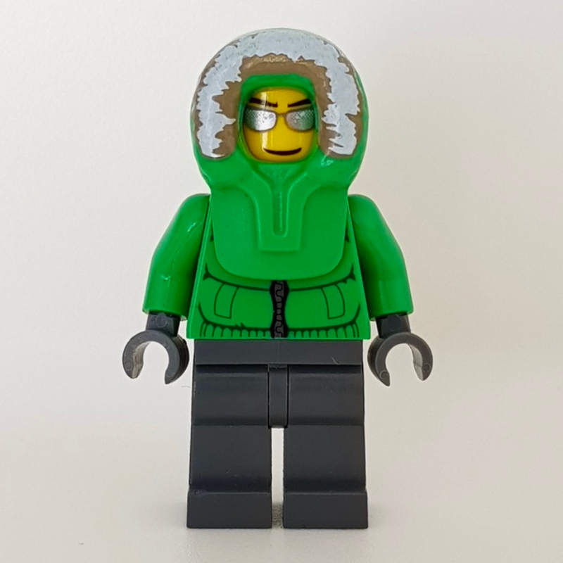 LEGO Man, Green Jacket, Dark Bluish Gray Legs, Hood, Silver Sunglasses (fig-000420)
