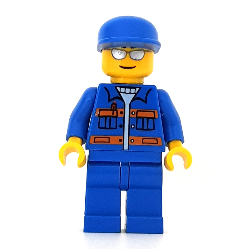 LEGO Worker, Blue Jacket with Orange Stripes, Blue Legs, Blue Cap, Silver Sunglasses (fig-000434)