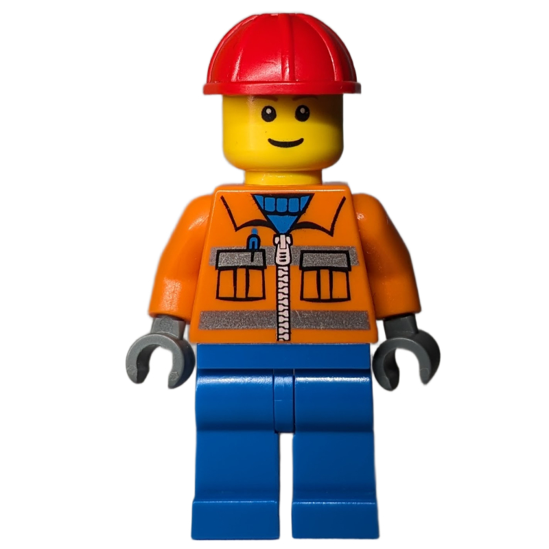 LEGO Construction Worker, Orange Jacket with Zipper and Reflective Stripes, Blue Legs, Red Hard Hat (fig-000436)