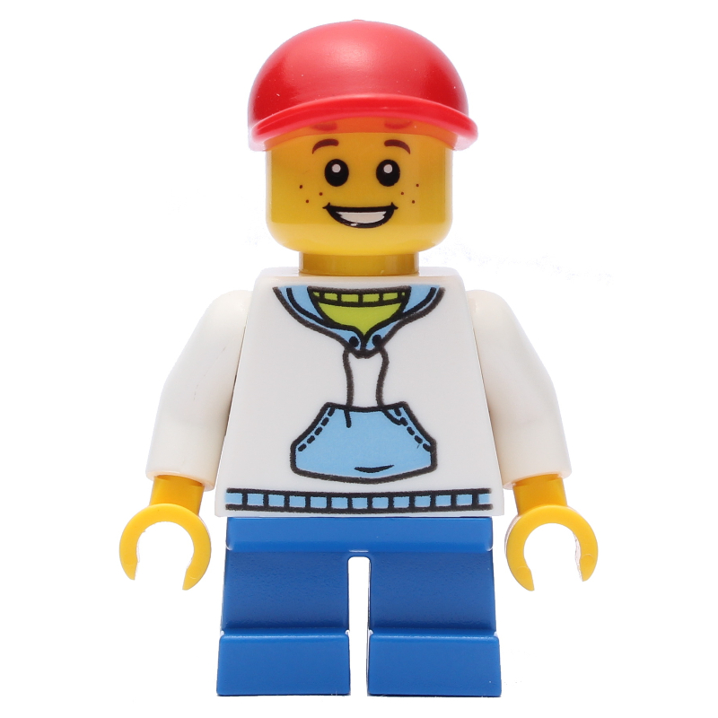 LEGO Boy, White and Blue Hoodie, Short Blue Legs, Red Cap (fig-000437)
