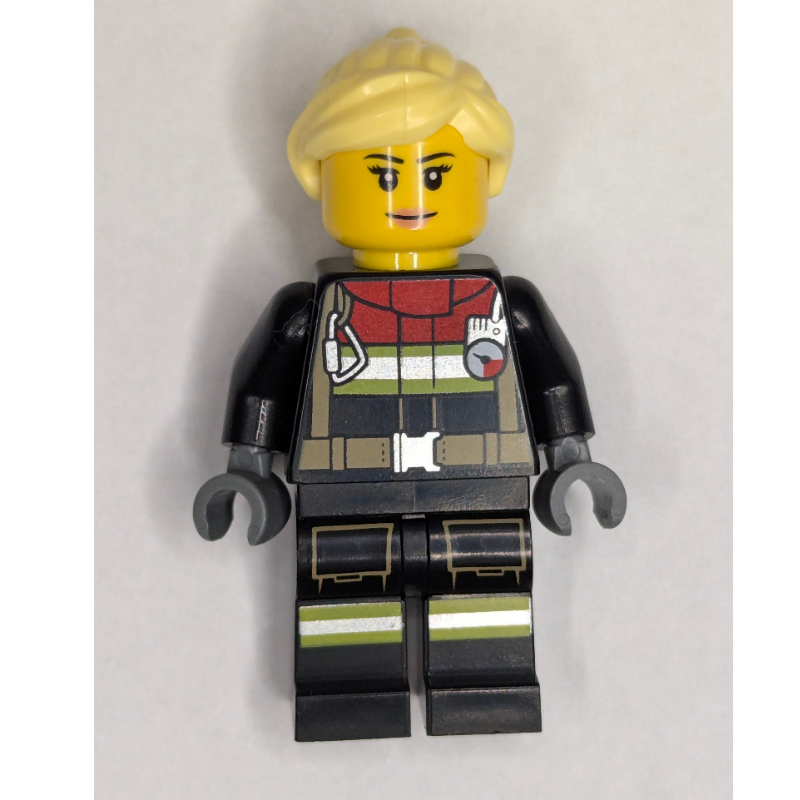 LEGO Firefighter, Black Fire Suit, Bright Light Yellow Ponytail Hair (fig-000440)