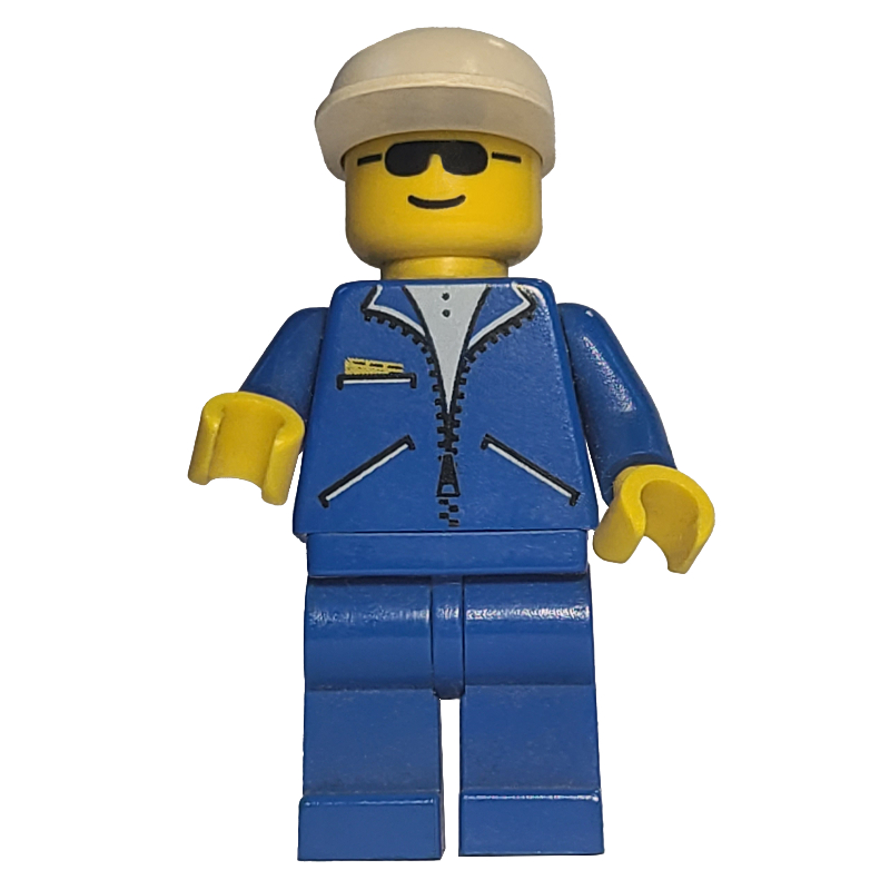 LEGO Man, Blue Jacket with Zipper, Blue Legs, White Cap, Sunglasses (fig-000442)