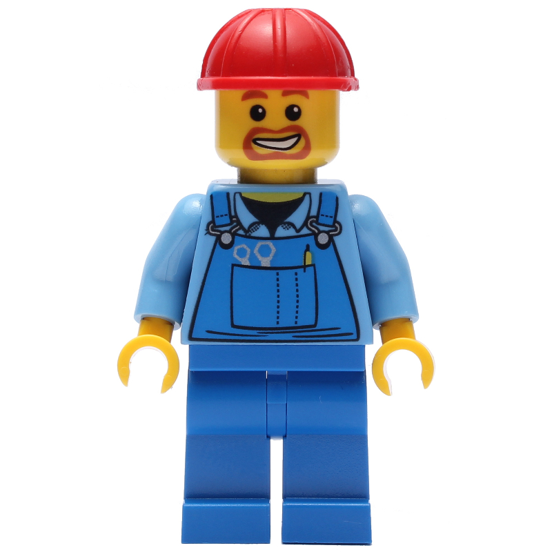 LEGO Construction Worker, Blue Overalls over Medium Blue Shirt, Red Hard Hat, Goatee Beard (fig-000443)