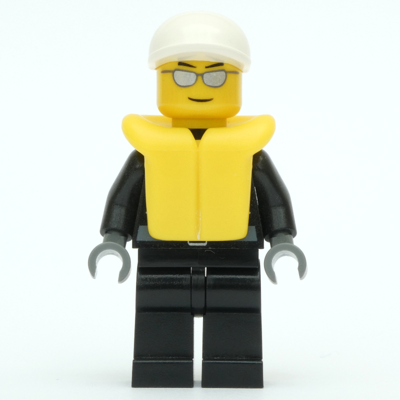 LEGO Policeman, Black Jacket with Zipper, Radio, and Badge, White Cap, Yellow Life Vest, Silver Sunglasses (fig-000444)