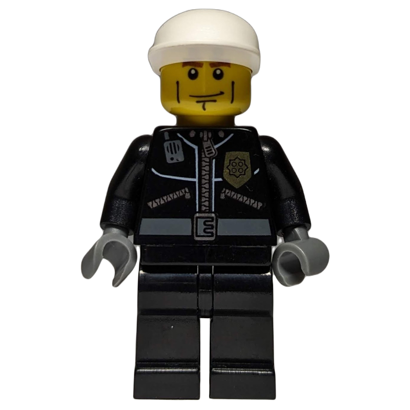 LEGO Policeman, Black Jacket with Zipper, Radio, and Badge, White Cap (fig-000445)