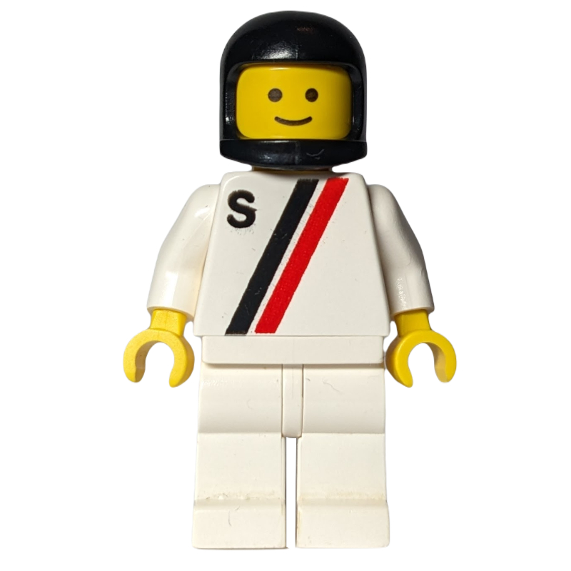 LEGO Racer, White Shirt with Two Stripes and 'S', White Legs, Black Helmet (fig-000462)