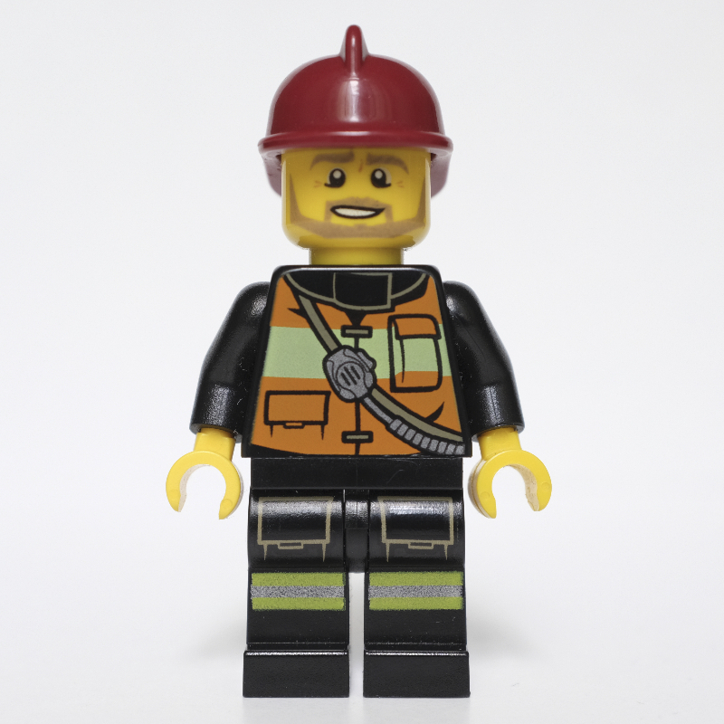 LEGO Fireman, Orange Safety Vest with Radio, Dark Red Helmet, Beard (fig-000465)