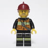 Fireman, Orange Safety Vest with Radio, Dark Red Helmet, Beard