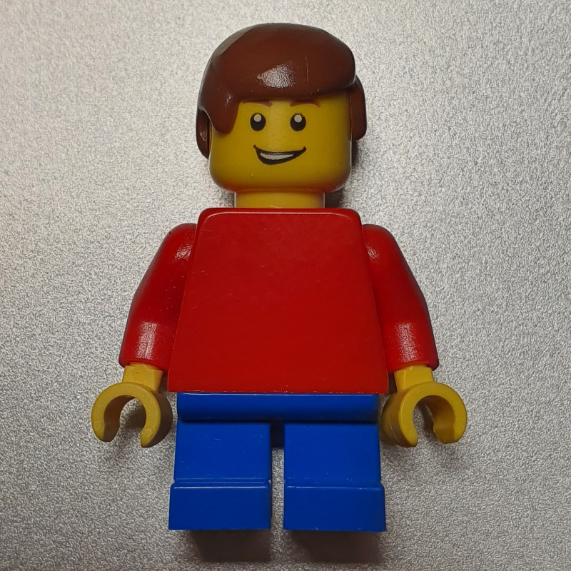 LEGO Boy, Plain Red Torso, Short Blue Legs, Reddish Brown Hair (fig-000480)