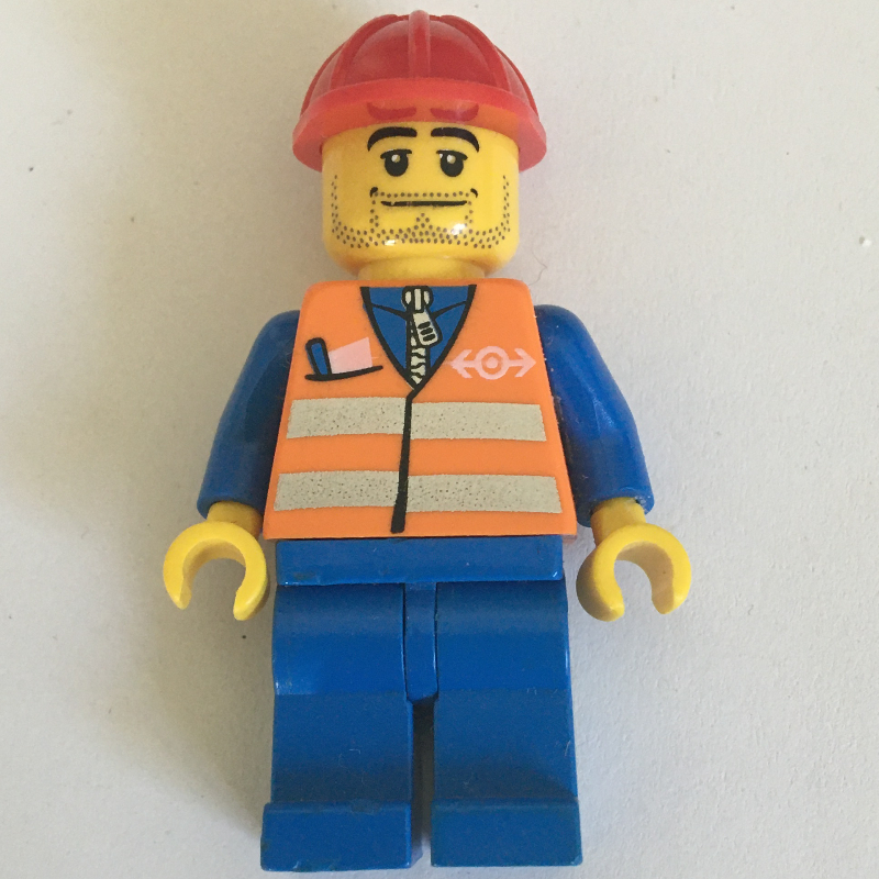LEGO Worker - Orange Safety Vest, Blue Legs, Red Helmet, Stubble Beard (fig-000485)