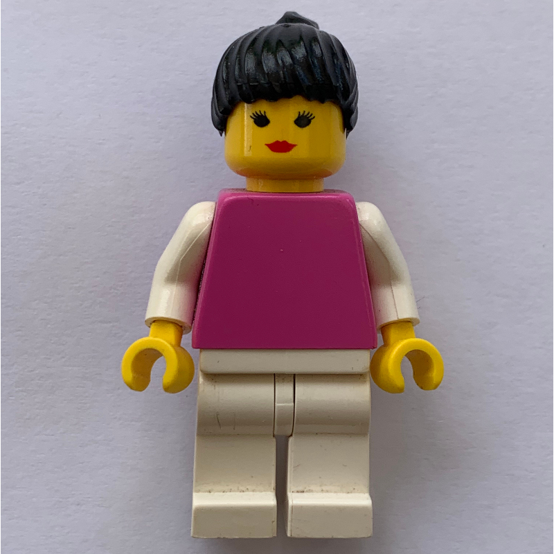 LEGO Woman, Medium Dark Pink Torso, White Legs, Black Hair (fig-000500)