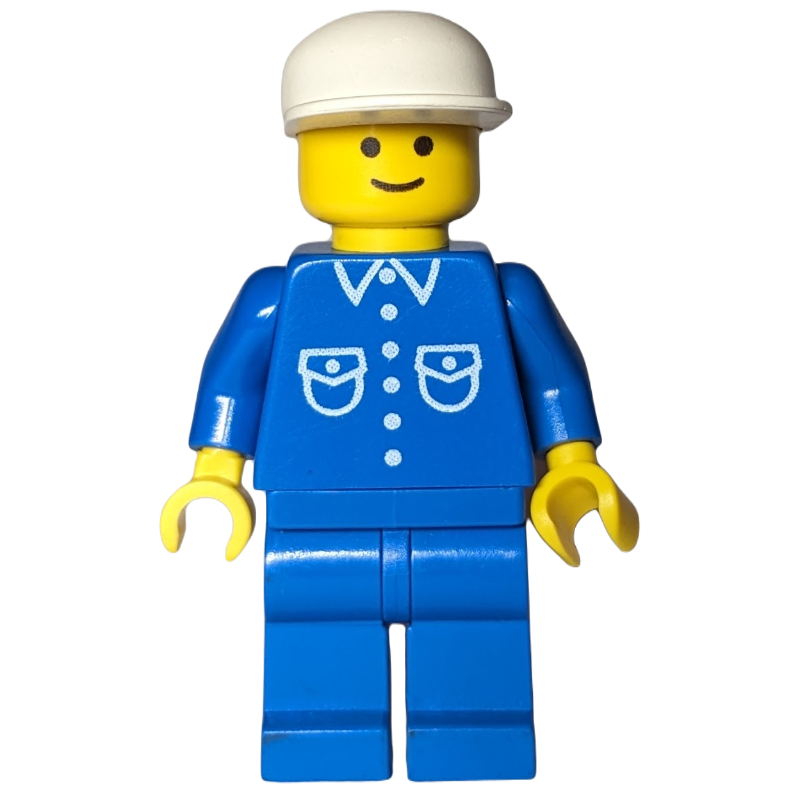 LEGO Man, Blue Shirt with Buttons and Pockets, Blue Legs, White Cap (fig-000515)