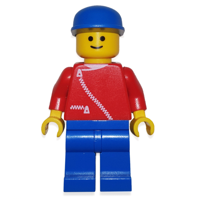 LEGO Man, Red Jacket with Zipper and Pockets, Blue Legs, Blue Cap (fig-000520)