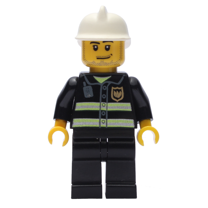 LEGO Fireman with Reflective Stripes and Radio, White Fire Helmet, and Beard Stubble (fig-000527)