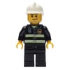 Fireman with Reflective Stripes and Radio, White Fire Helmet, and Beard Stubble