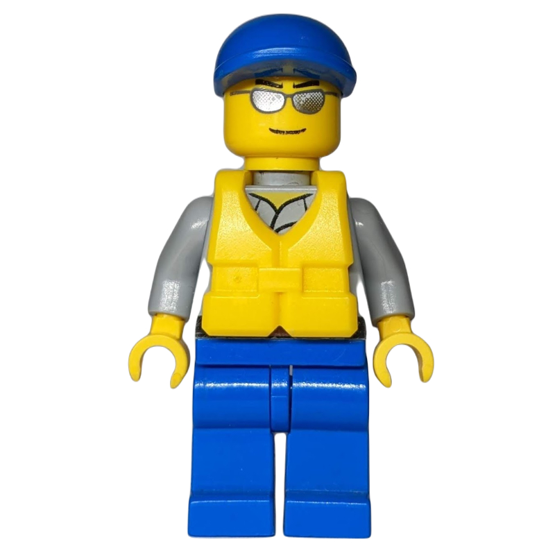 LEGO Coast Guard, Light Bluish Gray Shirt with Badge, Blue Cap, Yellow Life Vest, Silver Sunglasses (fig-000535)