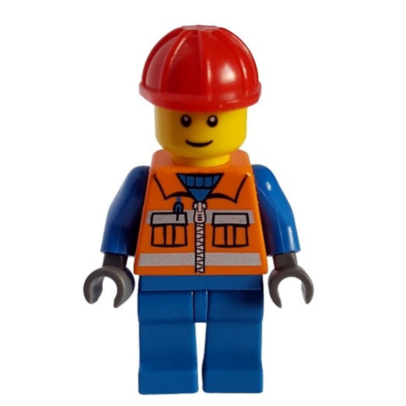 LEGO Construction Worker, Orange Safety Vest with Zipper and Pockets, Blue Legs, Red Hard Hat (fig-000542)