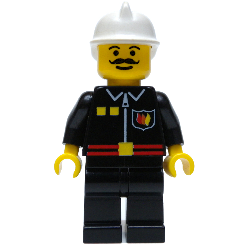LEGO Fireman, Black Fire Jacket with Red Belt and Badge, White Helmet, Moustache (fig-000546)