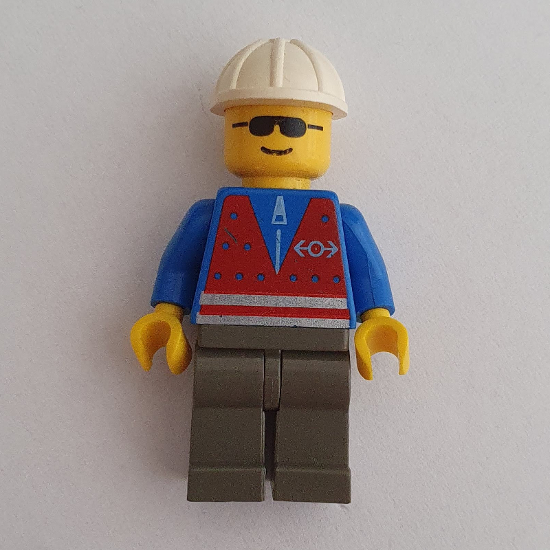 LEGO Train Worker - Red Vest, Dark Gray Legs, White Helmet, Sunglasses (fig-000580)
