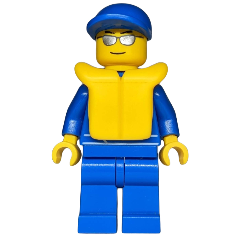 LEGO Racer, Blue Jumpsuit with Octan Logo, Blue Cap, Yellow Life Vest 2610, Silver Sunglasses (fig-000587)