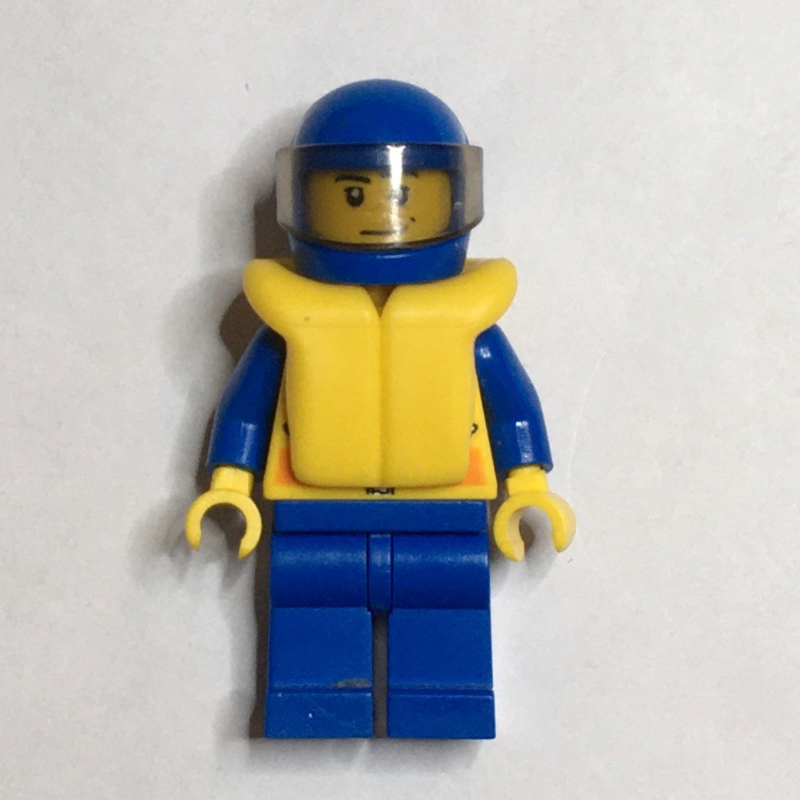 LEGO Coast Guard, Yellow Jacket with Zipper, Radio and Badge, Blue Helmet with Visor, Yellow Life Vest, Stubble (fig-000602)