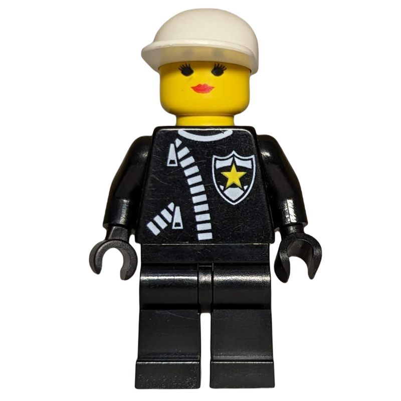 LEGO Policewoman, Black Jacket with Zipper and Badge, White Cap (fig-000604)