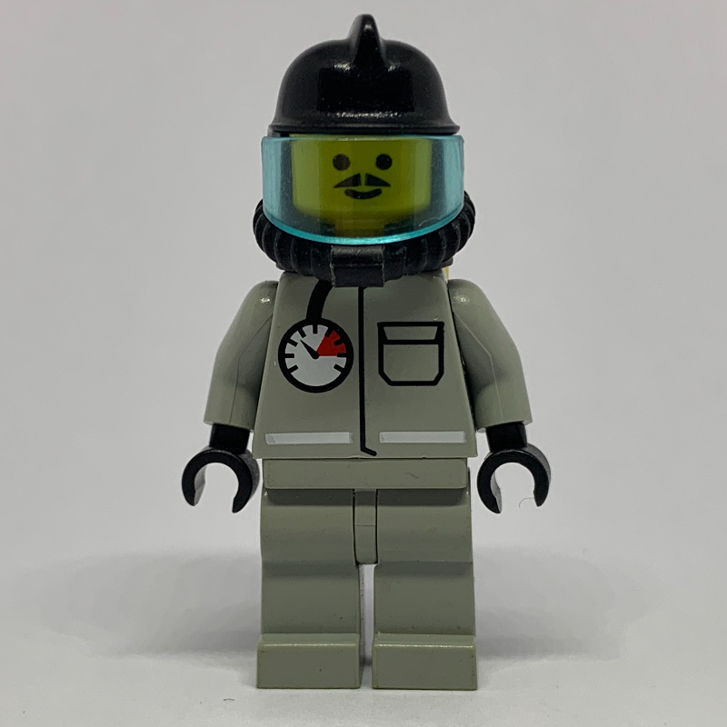 LEGO Fireman, Light Gray Fire Suit with Gauge and Pocket, Black Helmet with Visor, Breathing Apparatus, Airtanks, Moustache (fig-000606)
