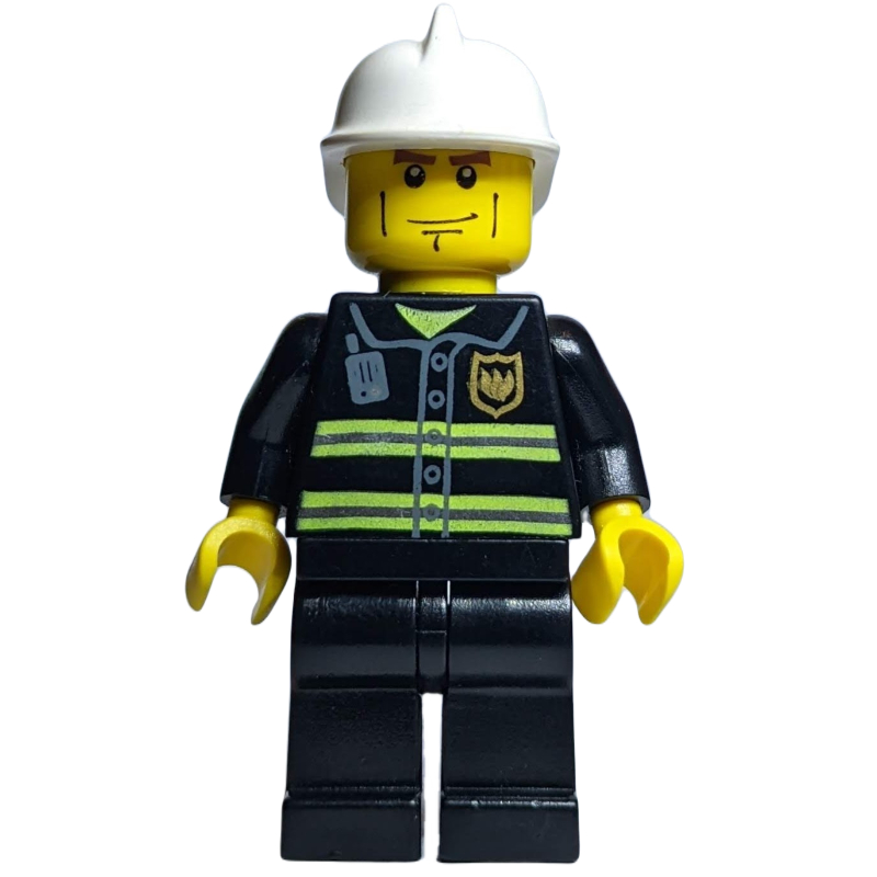 LEGO Fireman, Black Fire Jacket with Reflective Stripes, Radio, and Badge, Yellow Hands, White Helmet, Cheek Lines (fig-000609)